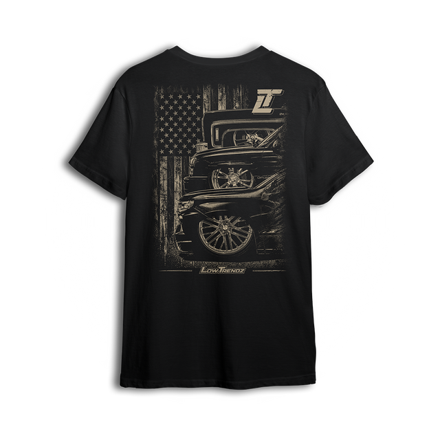 LT Nation tee back print - three generations of trucks under an American flag