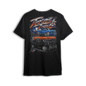 Texas Trendz Tee back print - lowered Silverado, OBS and squarebody under chrome Texas Trendz script and the Texas flag