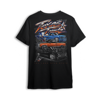 Texas Trendz Tee back print - lowered Silverado, OBS and squarebody under chrome Texas Trendz script and the Texas flag
