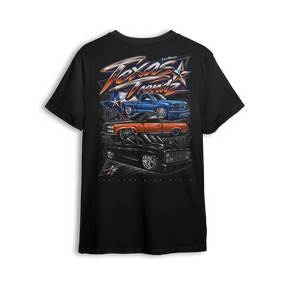Texas Trendz Tee back print - lowered Silverado, OBS and squarebody under chrome Texas Trendz script and the Texas flag