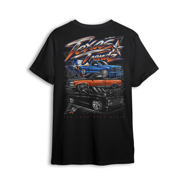 Texas Trendz Tee back print - lowered Silverado, OBS and squarebody under chrome Texas Trendz script and the Texas flag