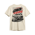 OBS or Nothing Tee in Vintage Natural, back print - OBS or Nothing lockup with two lowered OBS trucks, distressed black and red