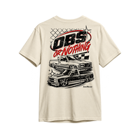 OBS or Nothing Tee in Vintage Natural, back print - OBS or Nothing lockup with two lowered OBS trucks, distressed black and red
