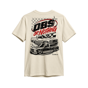 OBS or Nothing Tee in Vintage Natural, back print - OBS or Nothing lockup with two lowered OBS trucks, distressed black and red