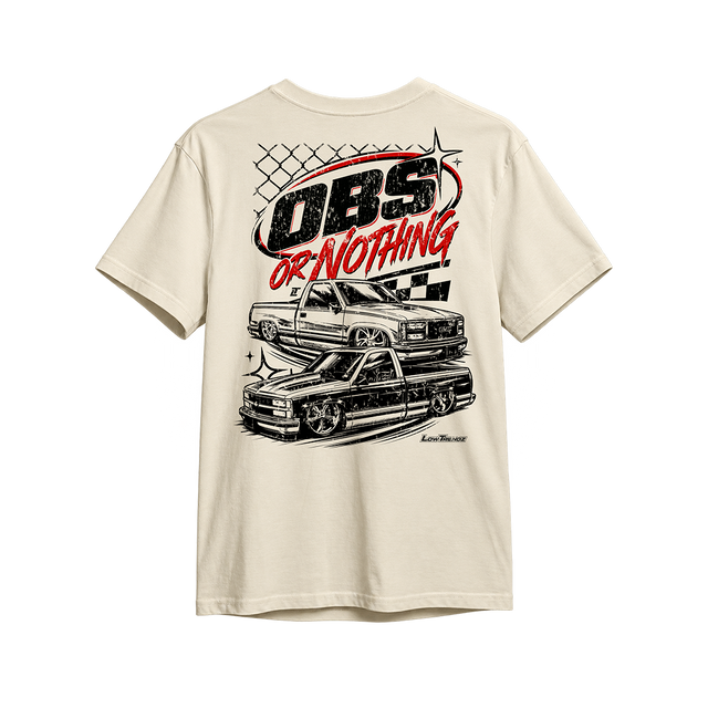 OBS or Nothing Tee in Vintage Natural, back print - OBS or Nothing lockup with two lowered OBS trucks, distressed black and red